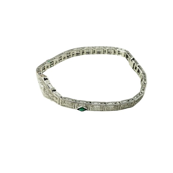 Vintage 10 Karat White Gold Filigree Diamond & Simulated Emerald Bracelet #11635 - Picture 3 of 8